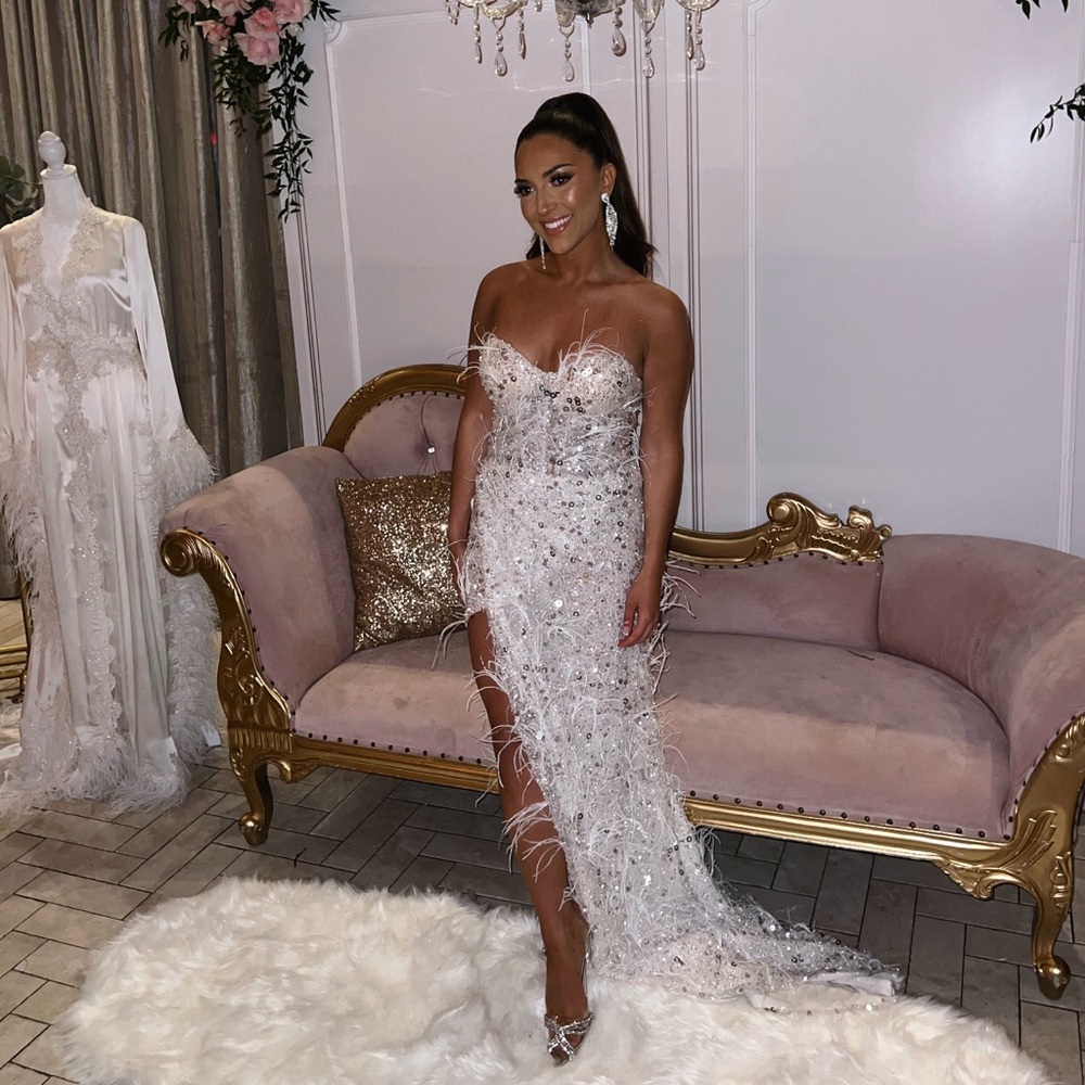 Customer made bridal shower dress white with embellish and feathers